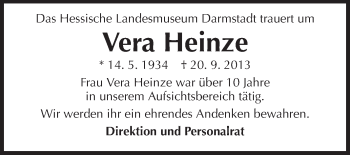 Traueranzeige von Vera Heinze von Echo-Zeitungen (Gesamtausgabe)