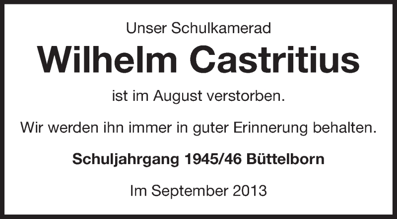  Traueranzeige für Wilhelm Castritius vom 28.09.2013 aus Rüsselsheimer Echo, Groß-Gerauer-Echo, Ried Echo