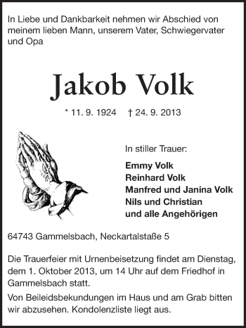 Traueranzeige von Jakob Volk von Odenwälder Echo