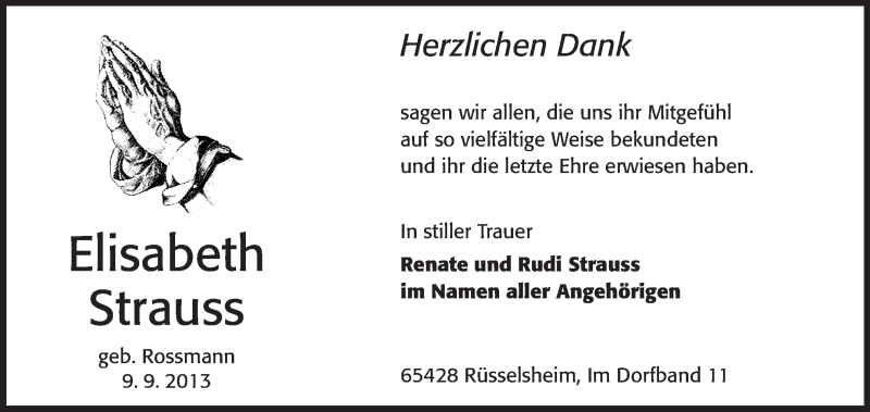  Traueranzeige für Elisabeth Strauss vom 28.09.2013 aus Rüsselsheimer Echo, Groß-Gerauer-Echo, Ried Echo