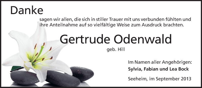  Traueranzeige für Gertrude Odenwald vom 28.09.2013 aus Echo-Zeitungen (Gesamtausgabe)