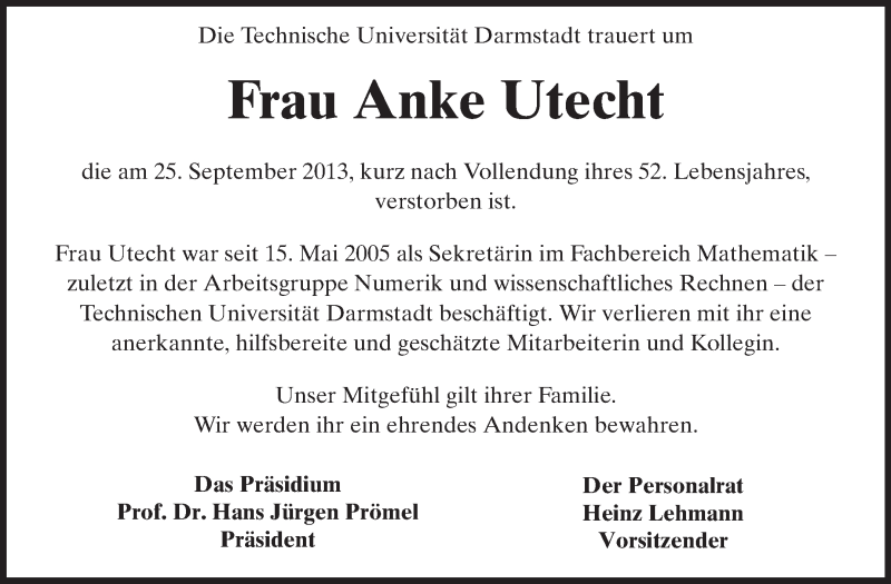  Traueranzeige für Anke Utecht vom 28.09.2013 aus Echo-Zeitungen (Gesamtausgabe)
