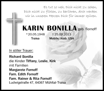 Traueranzeige von Karin Bonilla von Echo-Zeitungen (Gesamtausgabe)