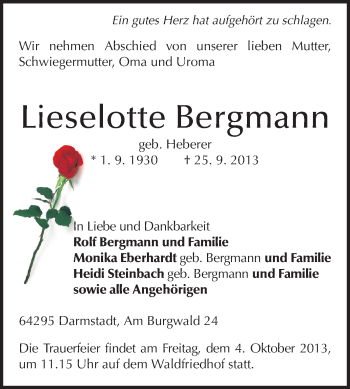 Traueranzeige von Lieselotte Bergmann von Echo-Zeitungen (Gesamtausgabe)