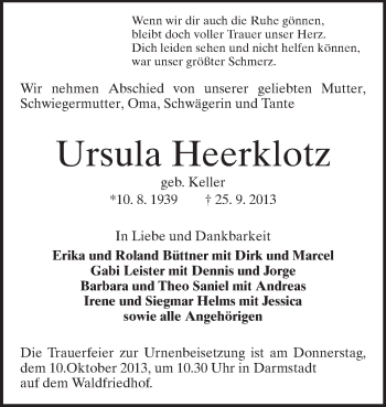 Traueranzeige von Ursula Heerklotz von Echo-Zeitungen (Gesamtausgabe)