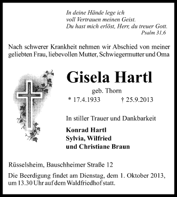 Traueranzeige von Gisela Hartl von Rüsselsheimer Echo, Groß-Gerauer-Echo, Ried Echo