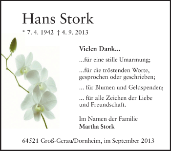 Traueranzeige von Hans Stork von Echo-Zeitungen (Gesamtausgabe)