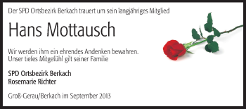 Traueranzeige von Hans Mottausch von Rüsselsheimer Echo, Groß-Gerauer-Echo, Ried Echo