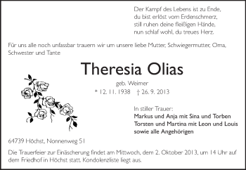 Traueranzeige von Theresia Olias von Odenwälder Echo