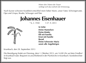 Traueranzeige von Johannes Eisenhauer von Starkenburger Echo
