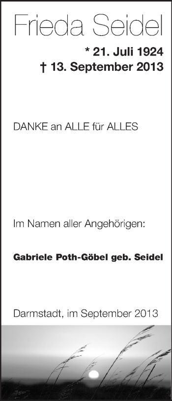 Traueranzeige von Frieda Seidel von Echo-Zeitungen (Gesamtausgabe)