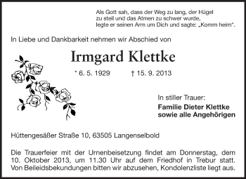 Traueranzeige von Irmgard Klettke von Rüsselsheimer Echo, Groß-Gerauer-Echo, Ried Echo