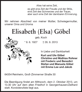 Traueranzeige von Elisabeth Göbel von Echo-Zeitungen (Gesamtausgabe)