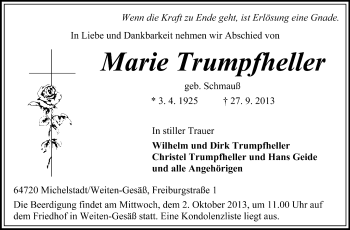 Traueranzeige von Marie Trumpfheller von Odenwälder Echo
