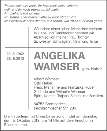 Traueranzeige von Angelika Wamser von Echo-Zeitungen (Gesamtausgabe)