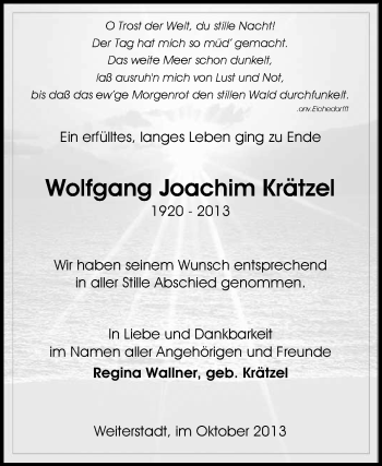 Traueranzeige von Wolfgang Joachim Krätzel von Echo-Zeitungen (Gesamtausgabe)