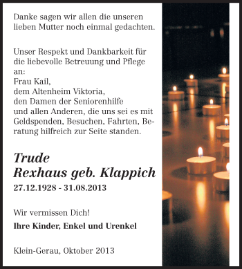 Traueranzeige von Trude Rexhaus von Rüsselsheimer Echo, Groß-Gerauer-Echo, Ried Echo