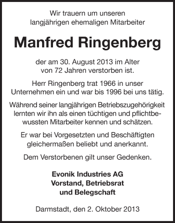 Traueranzeige von Manfred Ringenberg von Echo-Zeitungen (Gesamtausgabe)