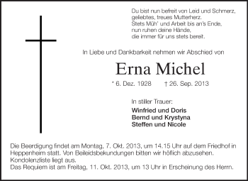 Traueranzeige von Erna Michel von Starkenburger Echo