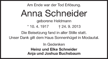 Traueranzeige von Anna Schneider von Echo-Zeitungen (Gesamtausgabe)