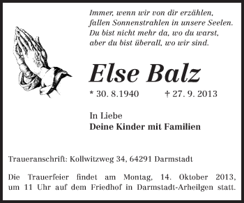 Traueranzeige von Else Balz von Echo-Zeitungen (Gesamtausgabe)