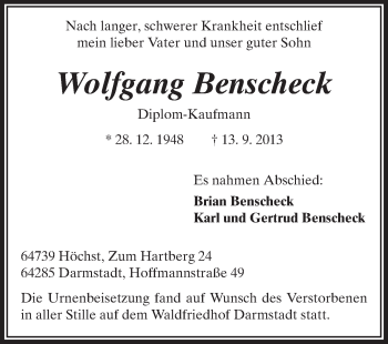 Traueranzeige von Wolfgang Benscheck von Echo-Zeitungen (Gesamtausgabe)