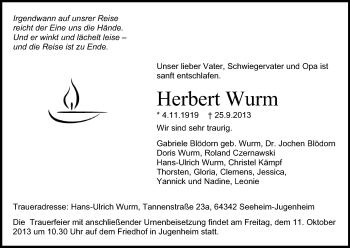 Traueranzeige von Herbert Wurm von Echo-Zeitungen (Gesamtausgabe)