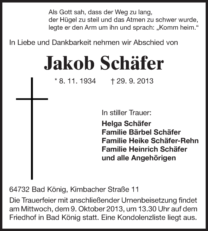  Traueranzeige für Jakob Schäfer vom 05.10.2013 aus Odenwälder Echo