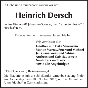 Traueranzeige von Heinrich Dersch von Echo-Zeitungen (Gesamtausgabe)