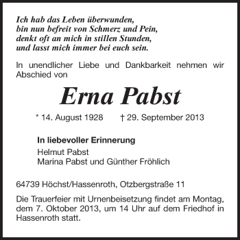 Traueranzeige von Erna Pabst von Odenwälder Echo