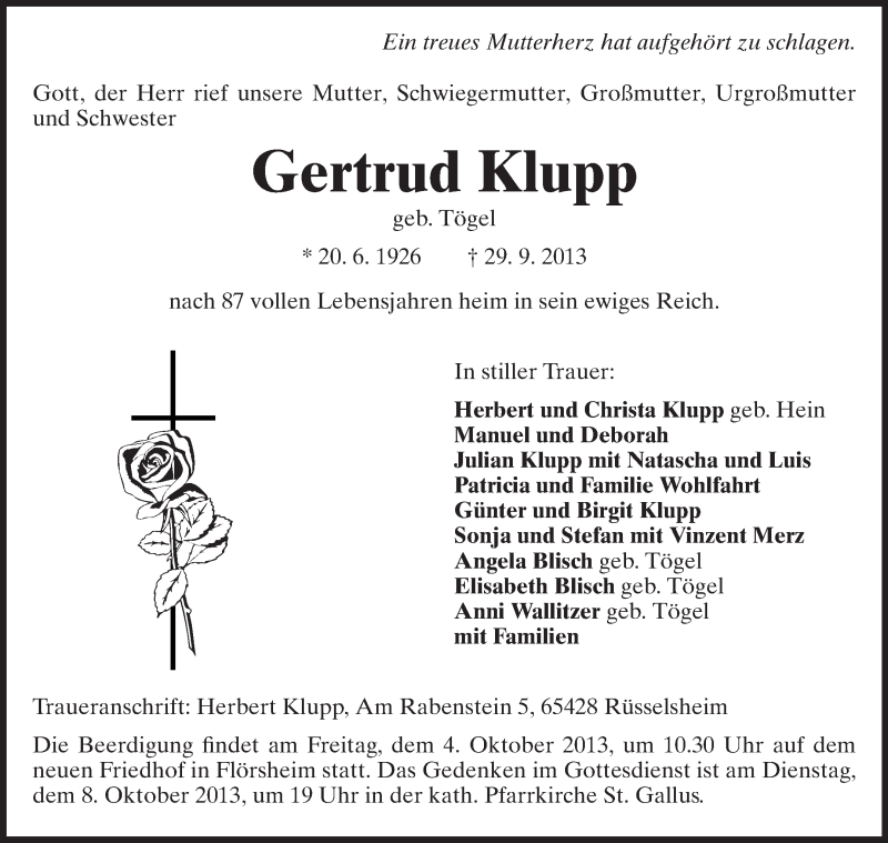  Traueranzeige für Gertrud Klupp vom 02.10.2013 aus Rüsselsheimer Echo, Groß-Gerauer-Echo, Ried Echo