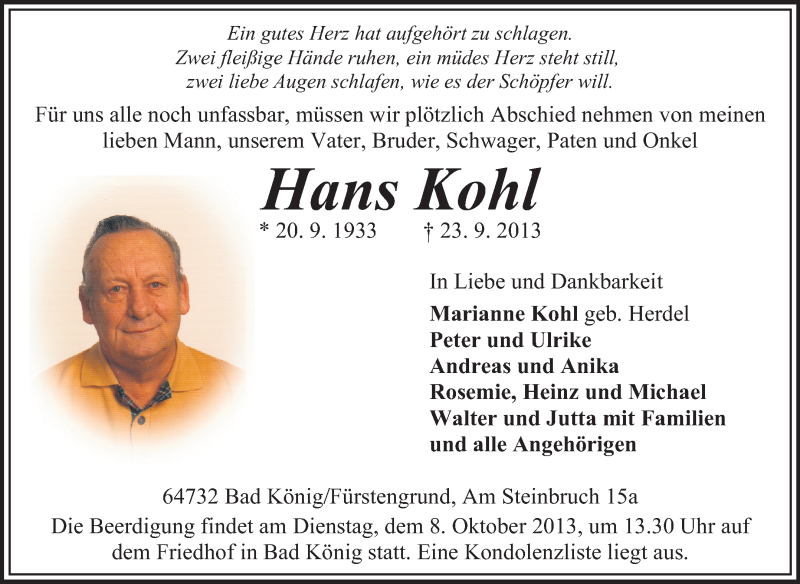  Traueranzeige für Hans Kohl vom 02.10.2013 aus Echo-Zeitungen (Gesamtausgabe)