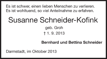 Traueranzeige von Susanne Schneider-Kofink von Echo-Zeitungen (Gesamtausgabe)