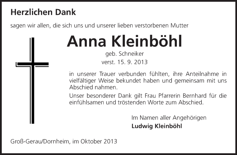 Traueranzeige für Anna Kleinböhl vom 05.10.2013 aus Rüsselsheimer Echo, Groß-Gerauer-Echo, Ried Echo