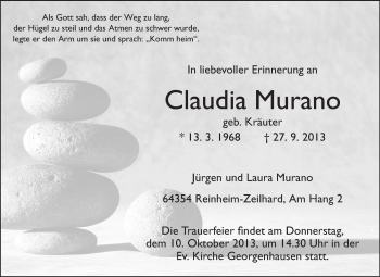 Traueranzeige von Claudia Murano von Echo-Zeitungen (Gesamtausgabe)