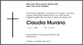 Traueranzeige von Claudia Murano von Echo-Zeitungen (Gesamtausgabe)