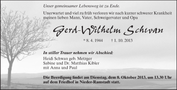 Traueranzeige von Gerd-Wilhelm Schwan von Echo-Zeitungen (Gesamtausgabe)