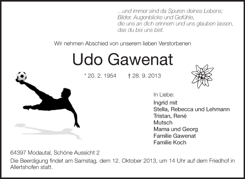  Traueranzeige für Udo Gawenat vom 05.10.2013 aus Echo-Zeitungen (Gesamtausgabe)
