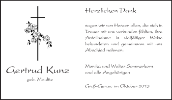 Traueranzeige von Gertrud Kunz von Rüsselsheimer Echo, Groß-Gerauer-Echo, Ried Echo