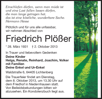 Traueranzeige von Friedrich Plößer von Echo-Zeitungen (Gesamtausgabe)