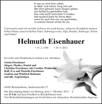 Traueranzeige von Helmuth Eisenhauer von Odenwälder Echo