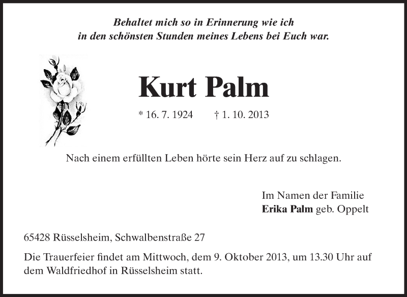  Traueranzeige für Kurt Palm vom 05.10.2013 aus Rüsselsheimer Echo, Groß-Gerauer-Echo, Ried Echo