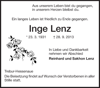 Traueranzeige von Inge Lenz von Rüsselsheimer Echo, Groß-Gerauer-Echo, Ried Echo