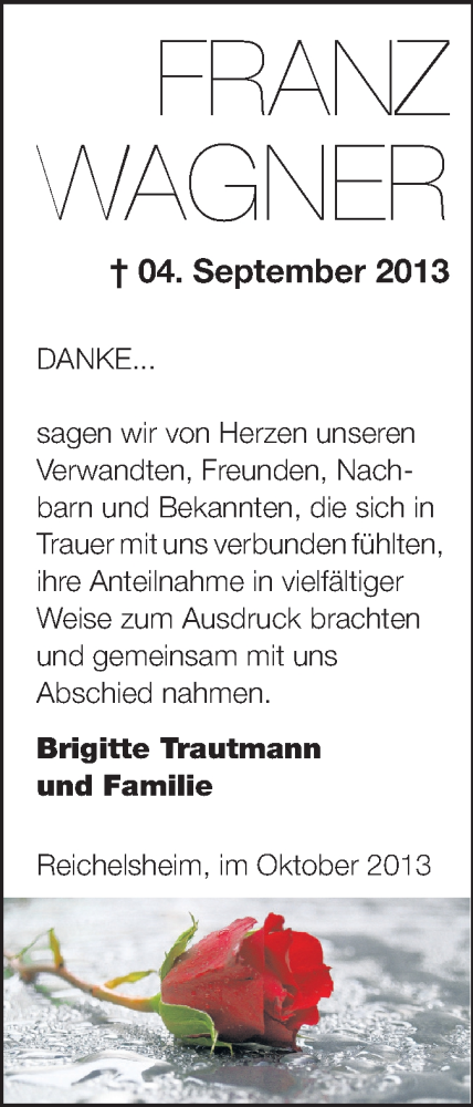  Traueranzeige für Franz Wagner vom 05.10.2013 aus Odenwälder Echo