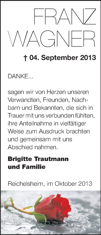 Traueranzeige von Franz Wagner von Odenwälder Echo