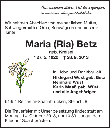 Traueranzeige von Maria Betz von Echo-Zeitungen (Gesamtausgabe)
