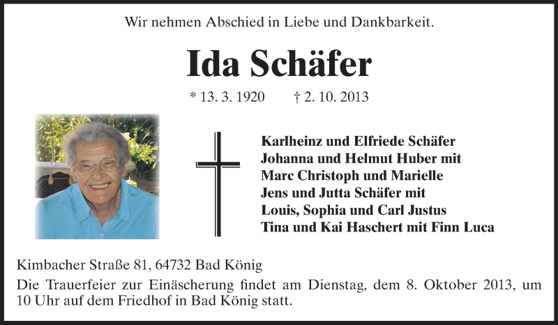  Traueranzeige für Ida Schäfer vom 05.10.2013 aus Odenwälder Echo