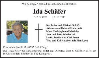 Traueranzeige von Ida Schäfer von Odenwälder Echo