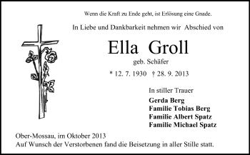 Traueranzeige von Ella Groll von Odenwälder Echo