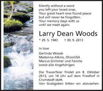 Traueranzeige von Larry Dean Woods von Rüsselsheimer Echo, Groß-Gerauer-Echo, Ried Echo